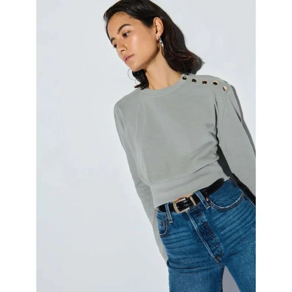 Nation Los Angeles Monique Shirt Medium Gray Green Snap Cropped Long Sleeve Top